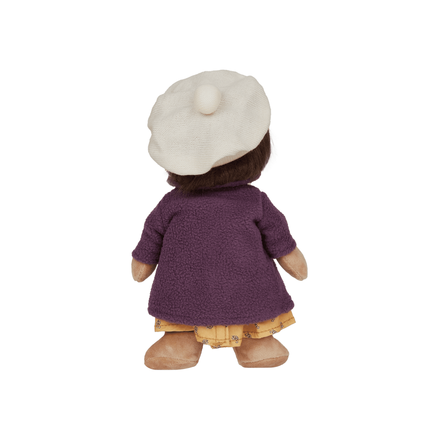 Stuffed toy doll wearing a purple coat and white hat on a transparent background
