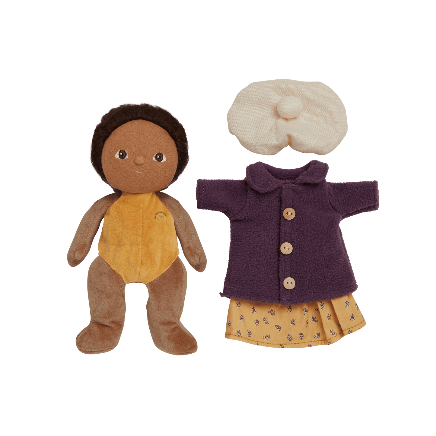 Plush toy with a purple coat and yellow dress on a transparent background