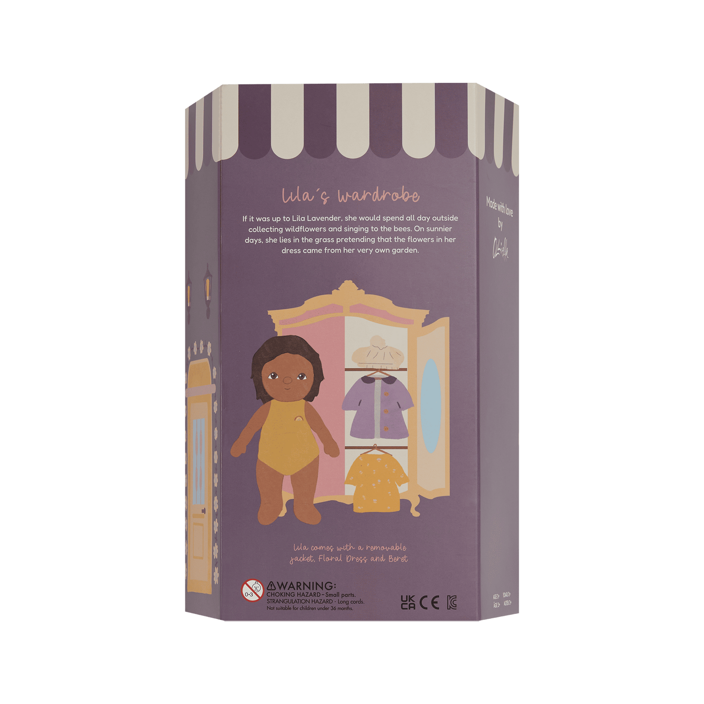 Box packaging for a doll with a purple and white striped design on a white background