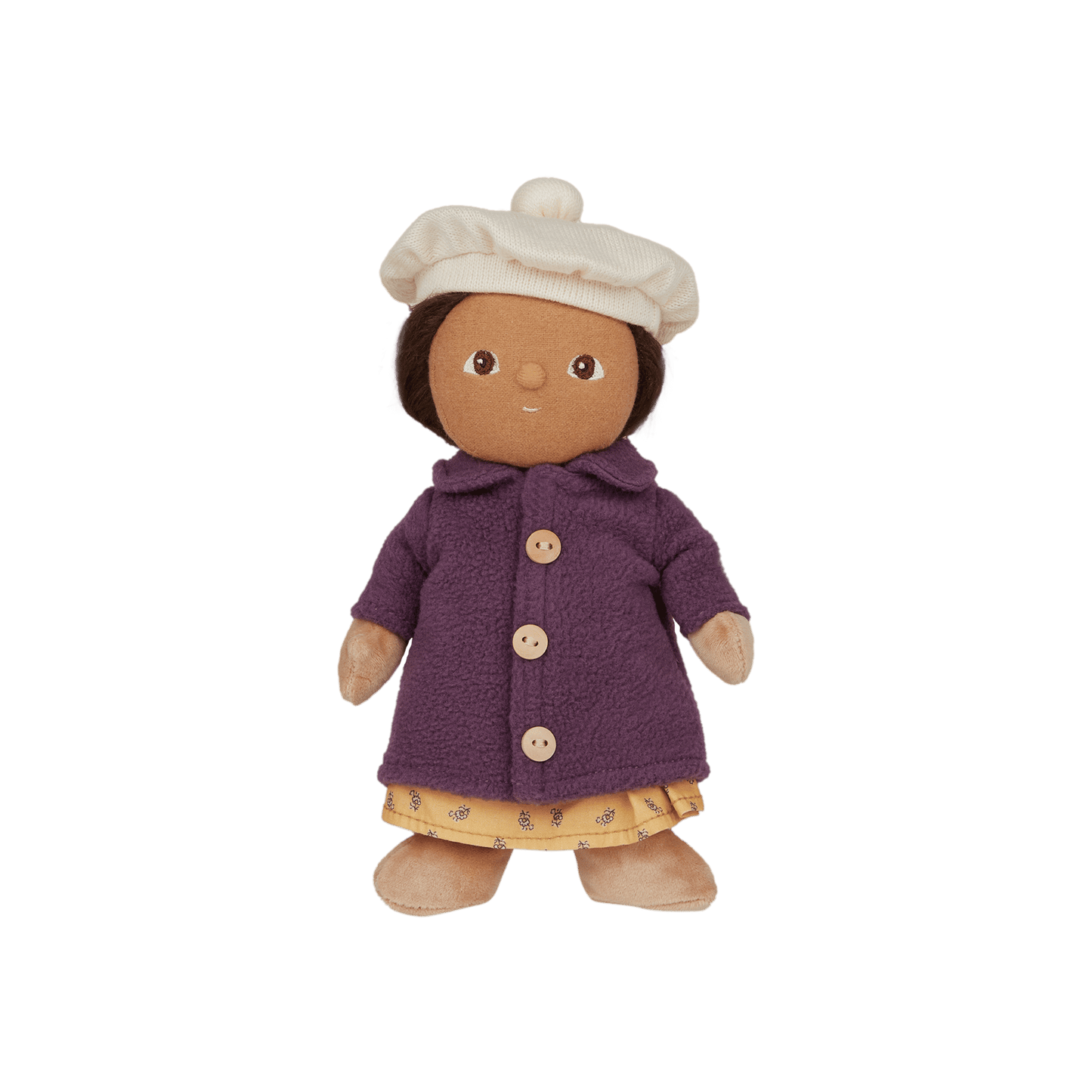 Small doll with a purple coat and white hat on a transparent background