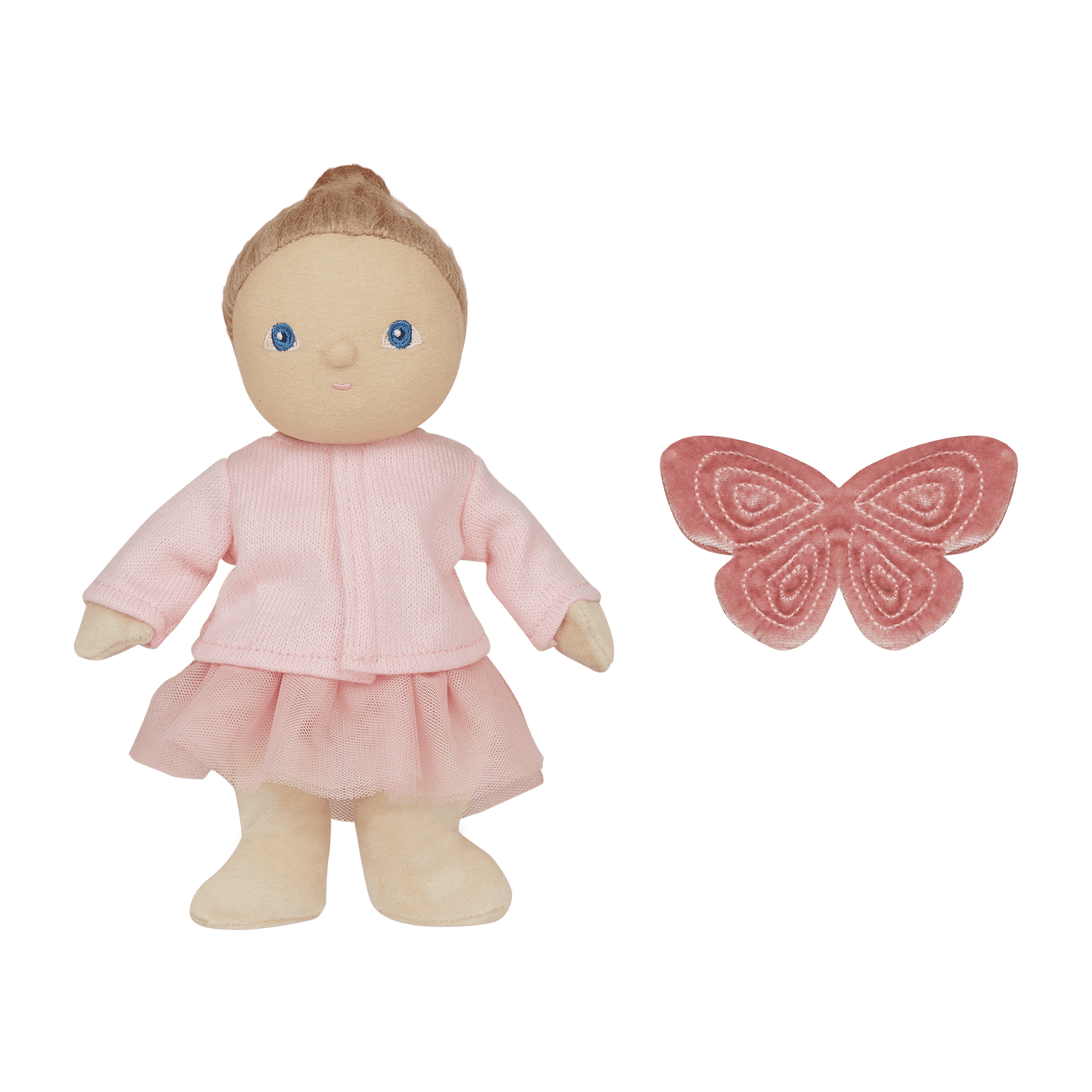 Plush doll in pink outfit with matching butterfly on transparent background