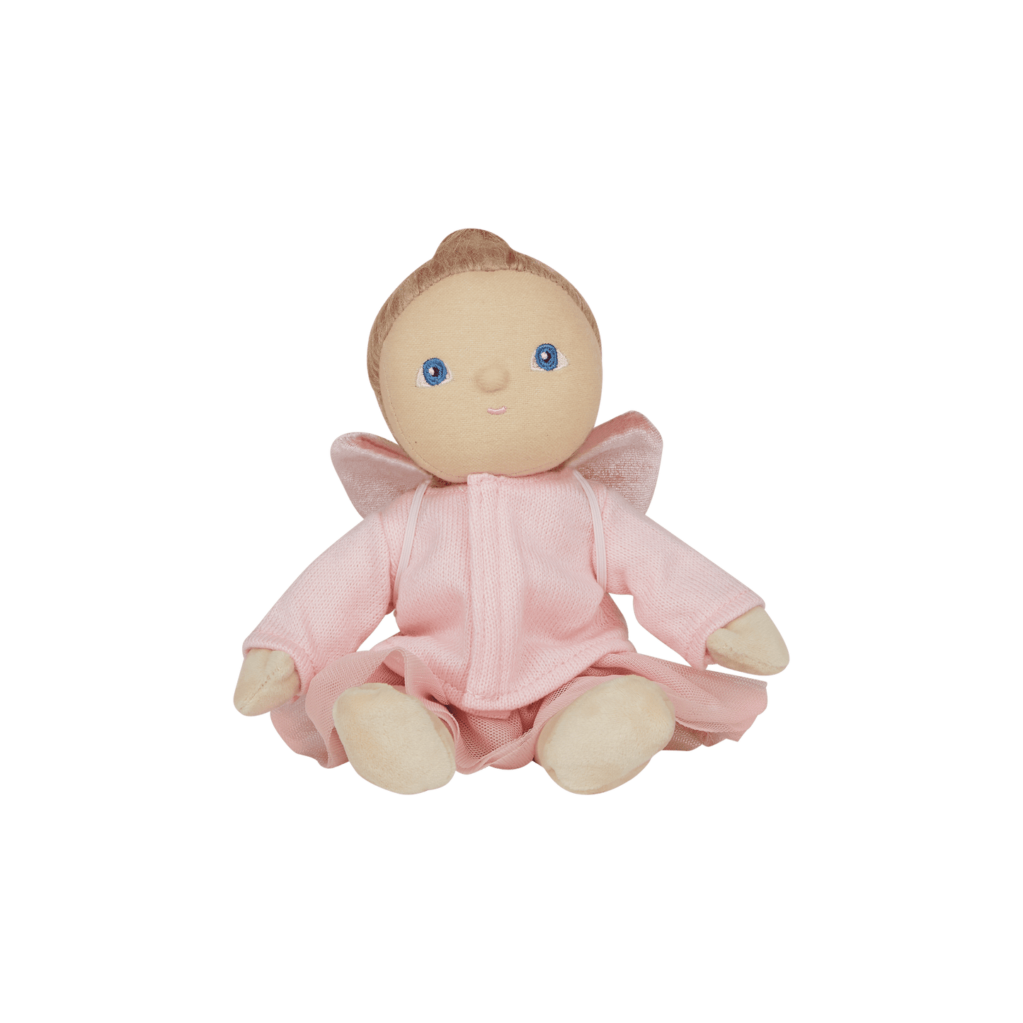 Stuffed toy baby doll in a pink outfit on a transparent background