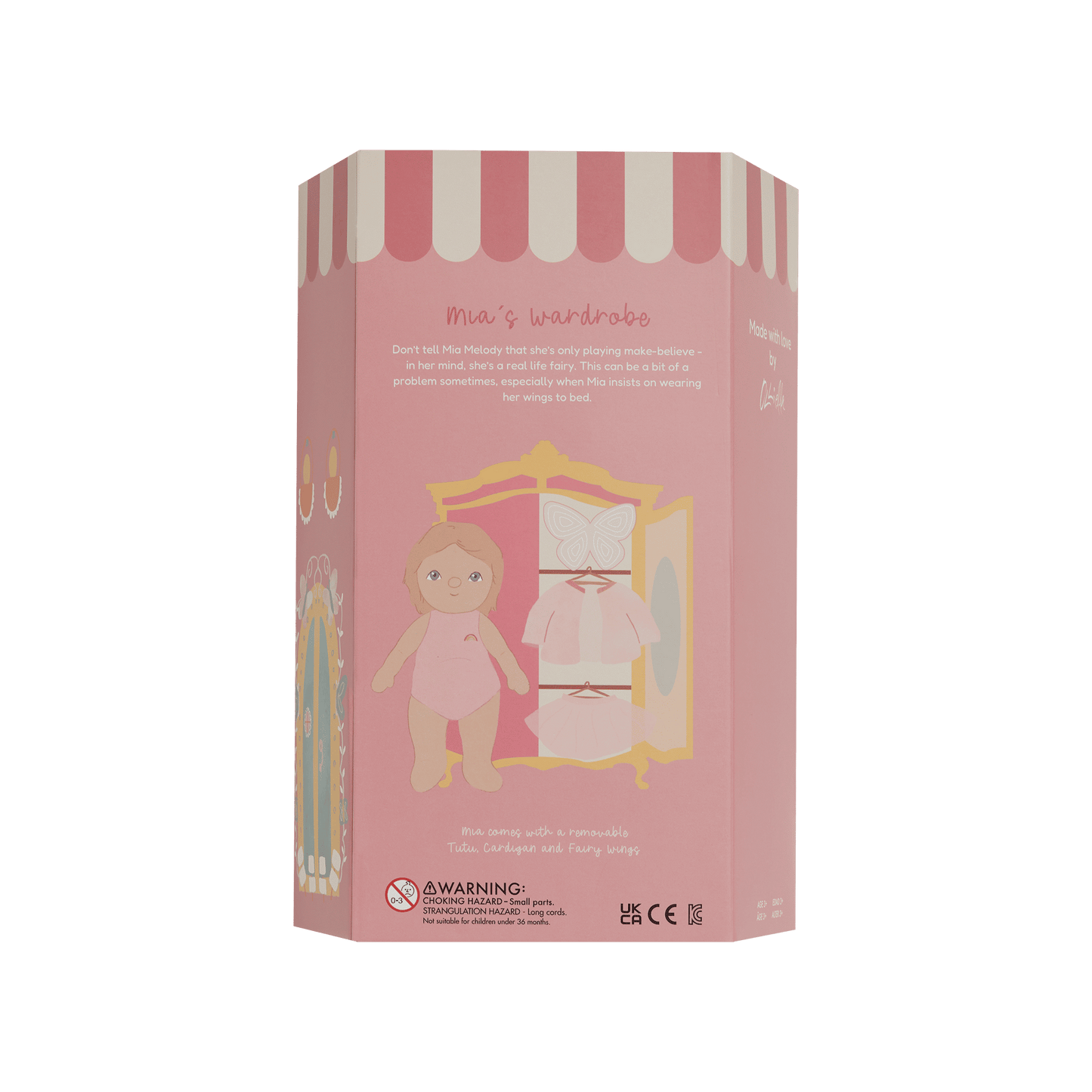 Pink packaging box with a doll and wardrobe illustration on a white background
