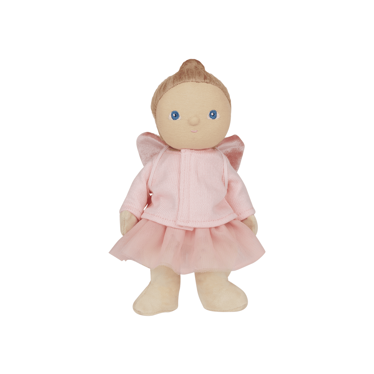 Stuffed doll in a pink outfit with wings on a transparent background