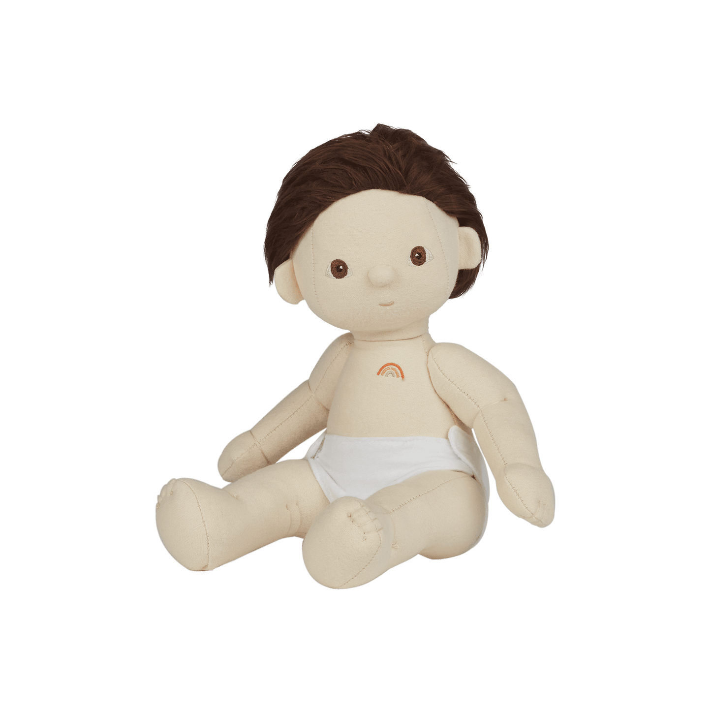 Stuffed toy baby doll with brown hair and a diaper on a transparent background