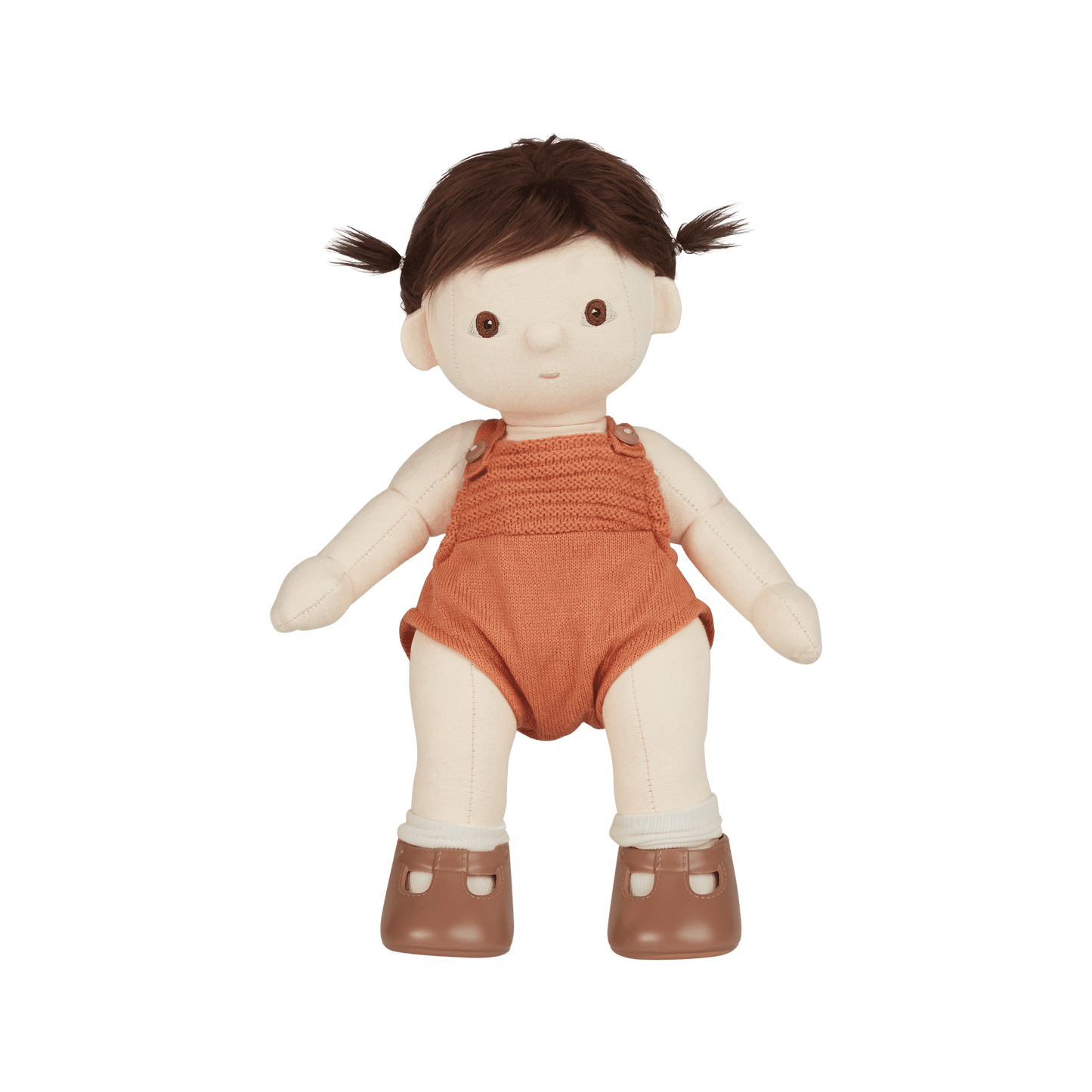 Plush doll with brown hair in pigtails wearing a rust-colored romper on a transparent background