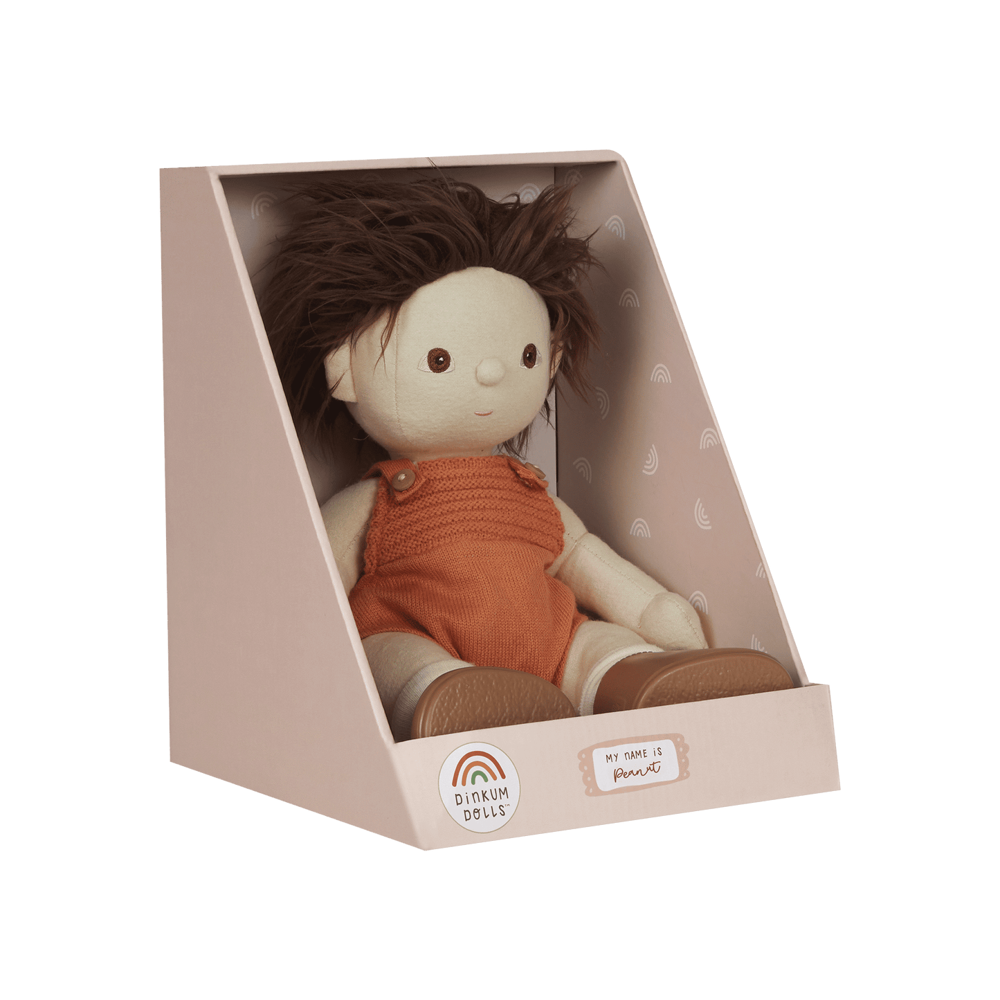 Toy doll in a pink display box with a white background