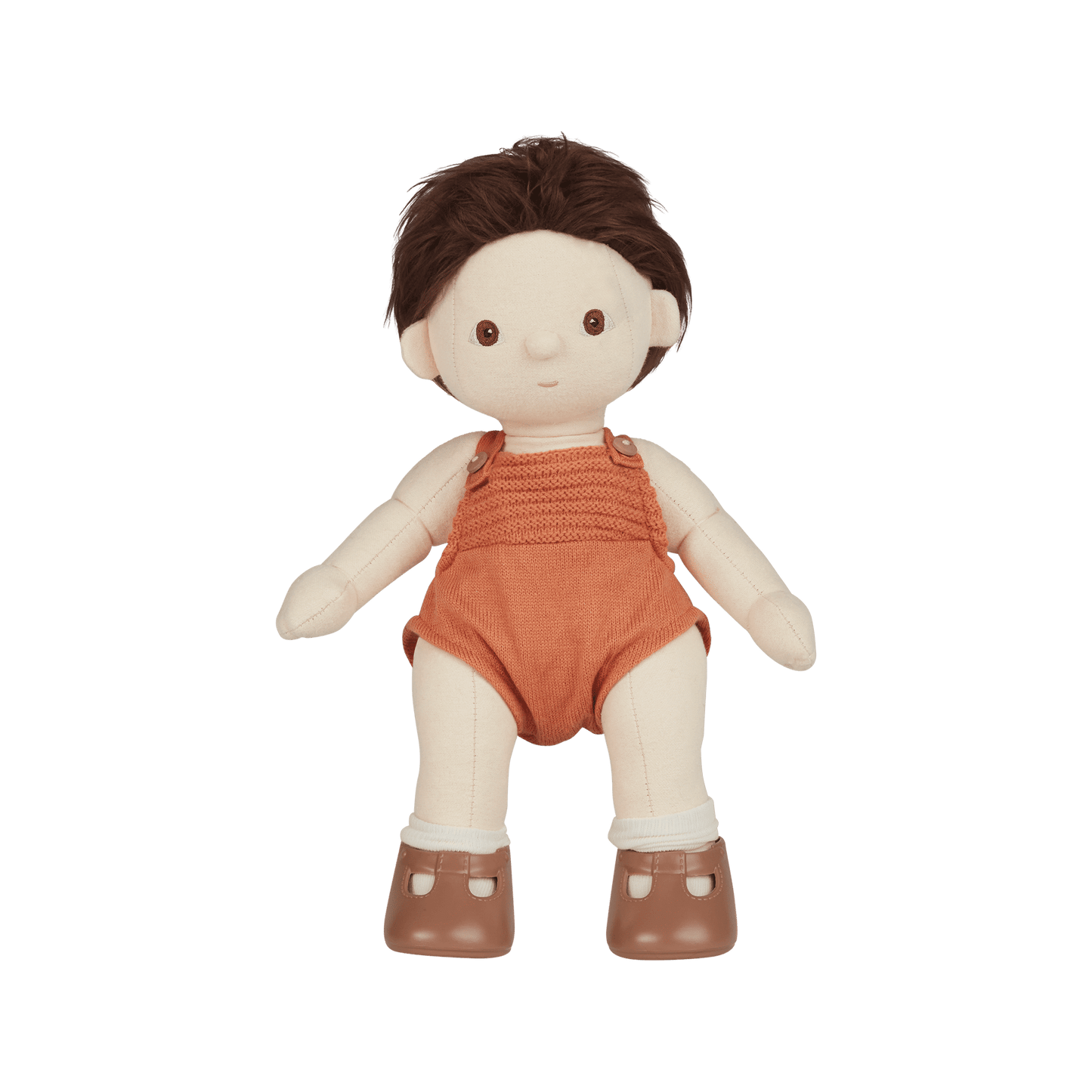 Stuffed doll with brown hair, wearing an orange romper and brown shoes on a transparent background