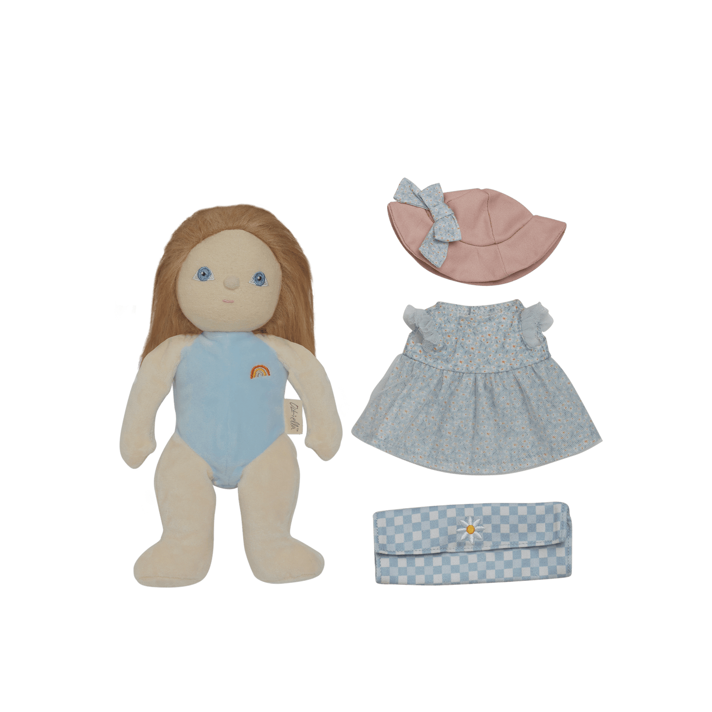 Plush doll with blue outfit, pink hat, and checkered bag on a white background