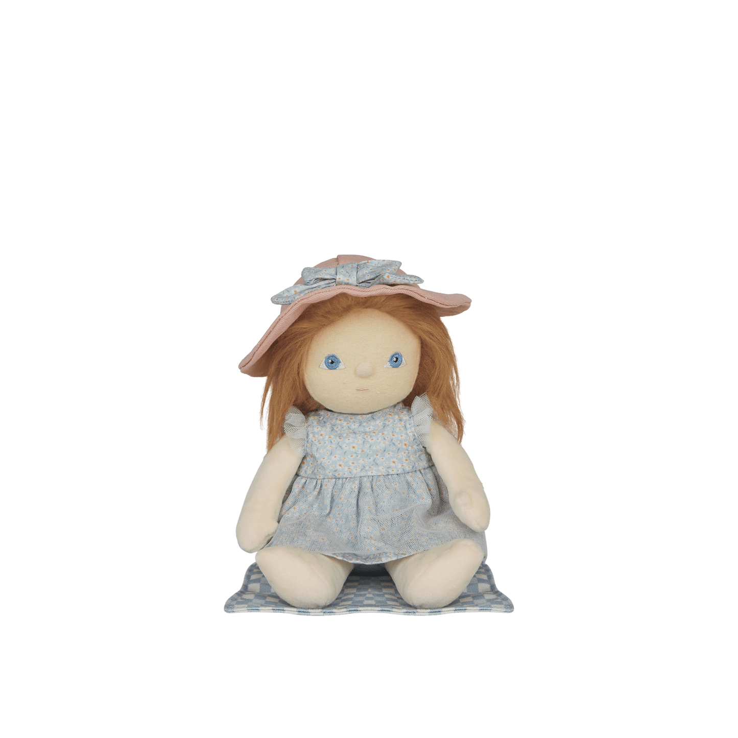 Stuffed doll with a pink hat and blue dress on a white background
