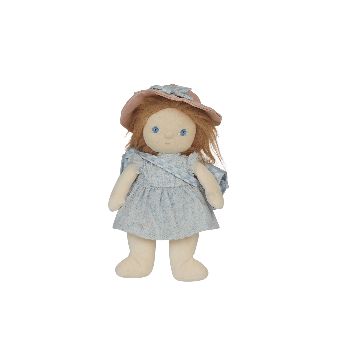 Stuffed doll with a blue dress and pink hat on a white background