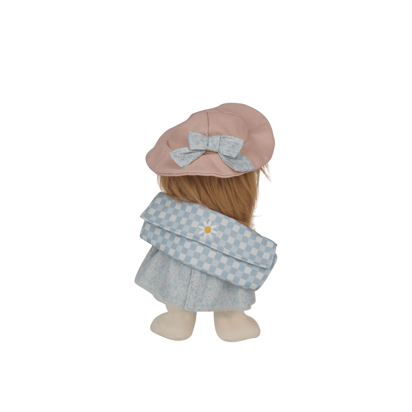Stuffed toy with a pink hat and light blue dress on a white background