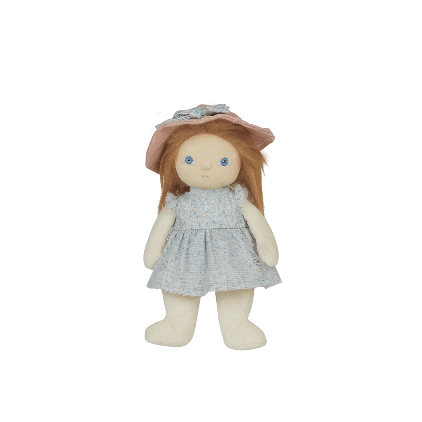 Stuffed doll with a pink hat and light blue dress on a white background