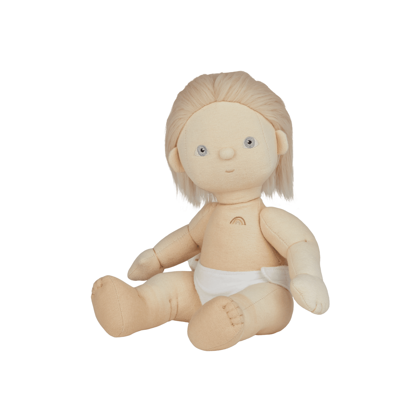 Plush baby doll with blonde hair and a diaper on a transparent background