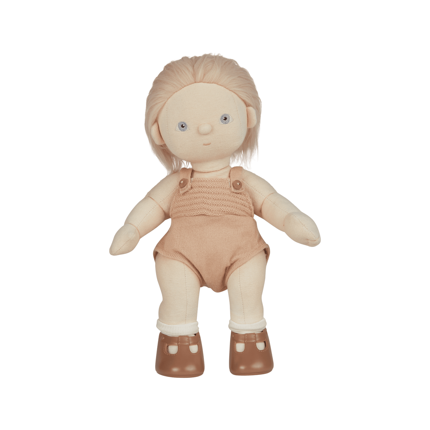 Plush doll with blonde hair, blue eyes, and a beige romper on a transparent background