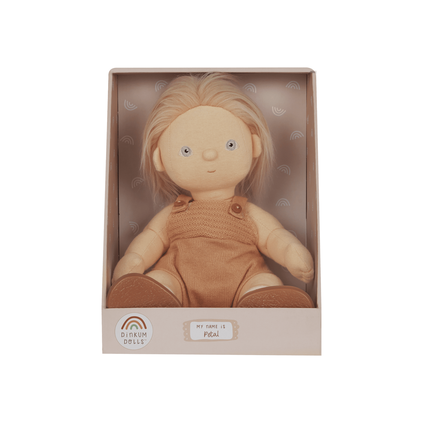 Doll in a box with 'Dinkum Dolls' branding on a white background