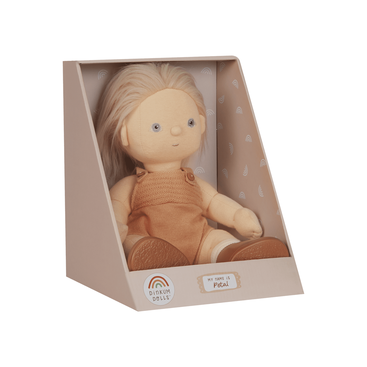 Toy figure in a box with a label on a white background
