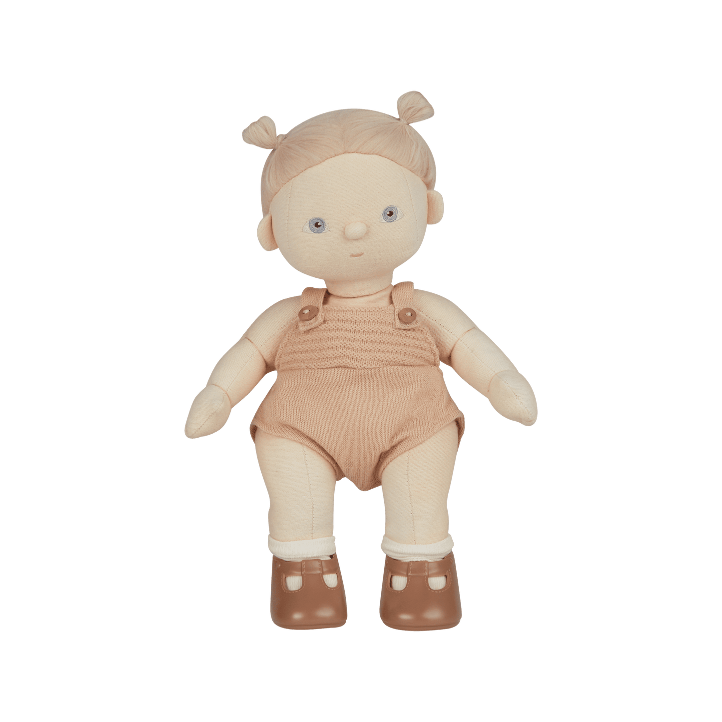 Stuffed doll with a pink outfit on a transparent background