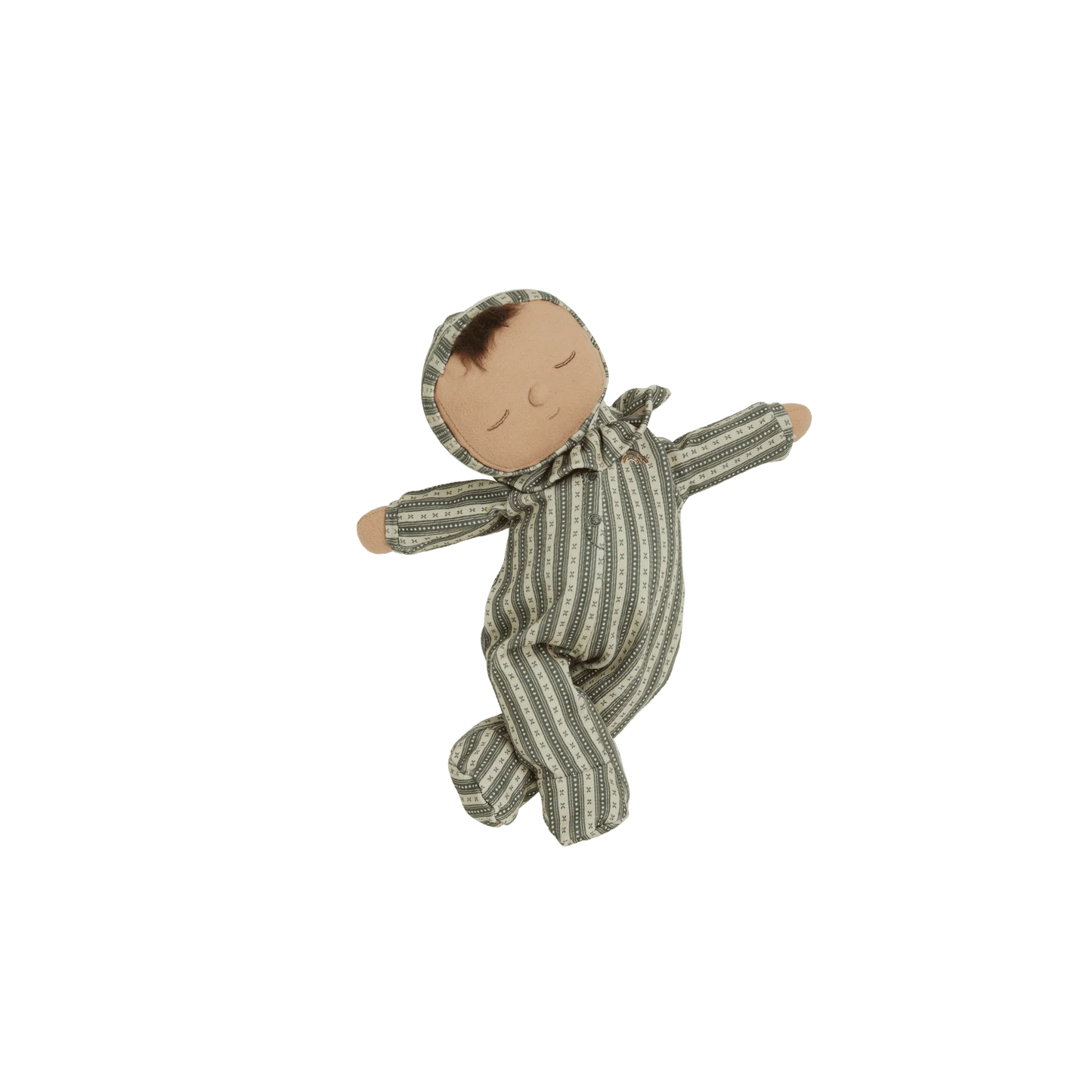 Stuffed toy baby doll in striped pajamas on a white background