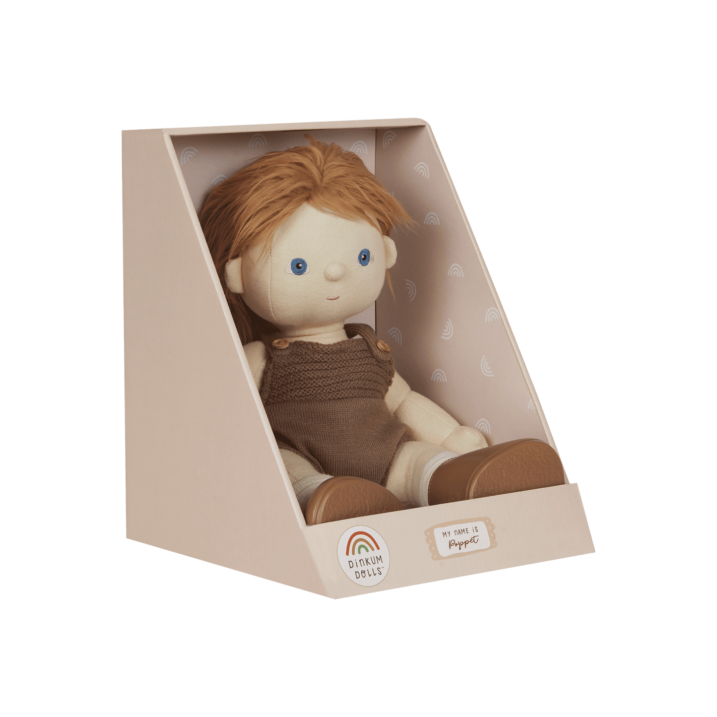 Stuffed toy in a packaging box with a pink background