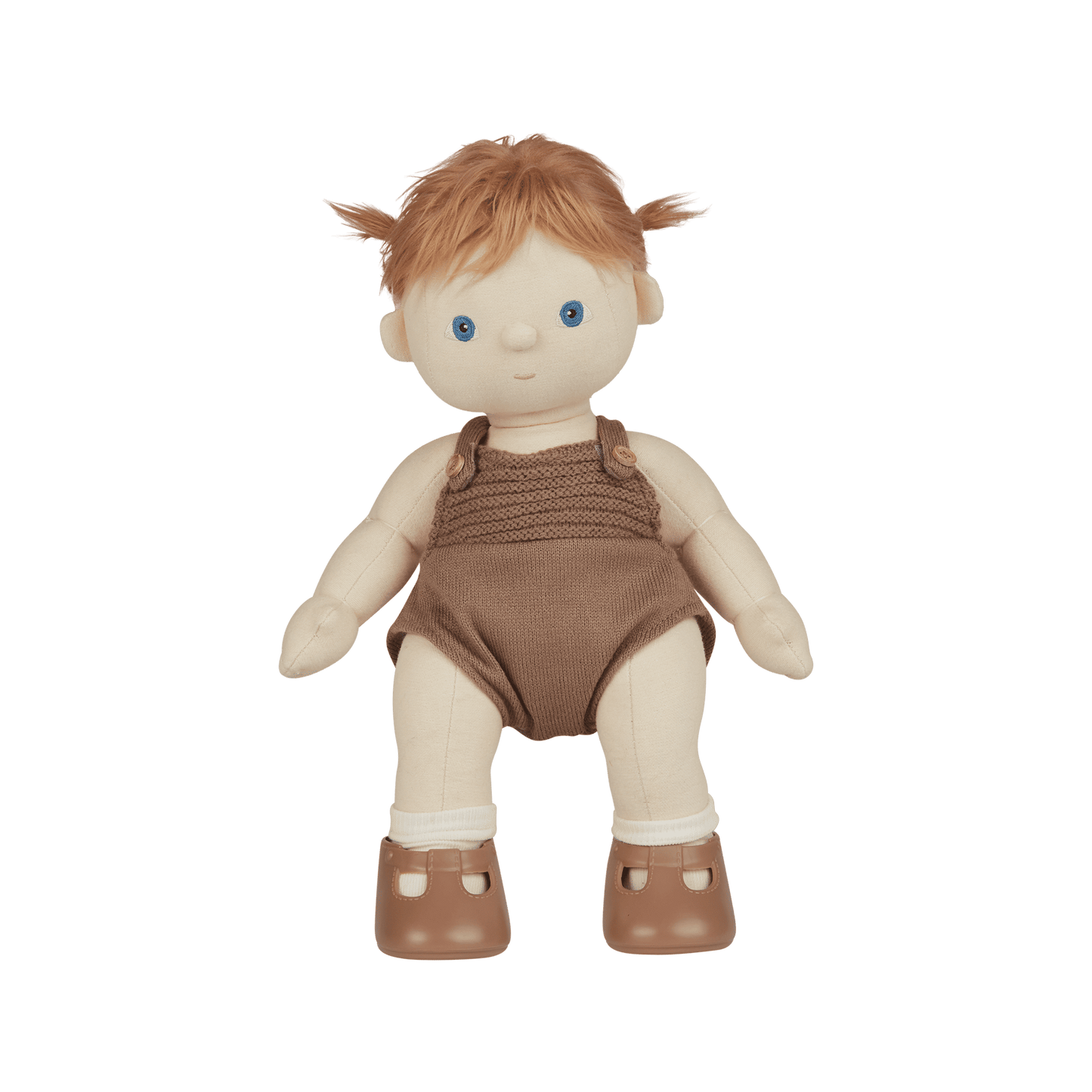 Toy doll with red hair wearing a brown outfit on a transparent background