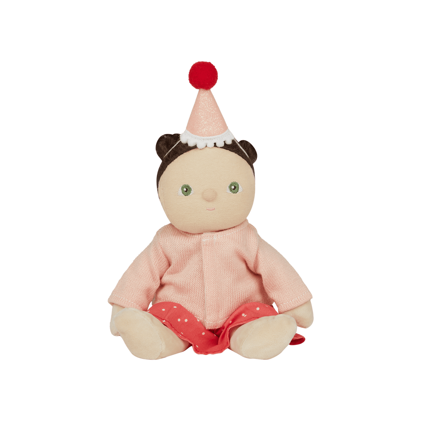 Stuffed toy with a pink outfit and red hat on a white background