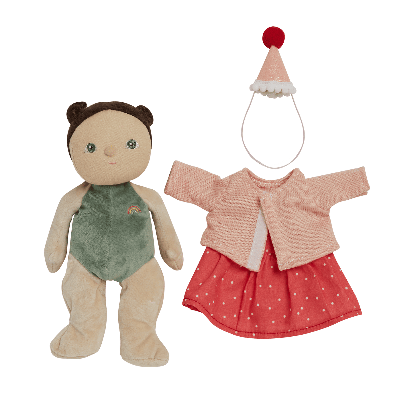 Plush toy with green outfit and pink sweater set on a transparent background