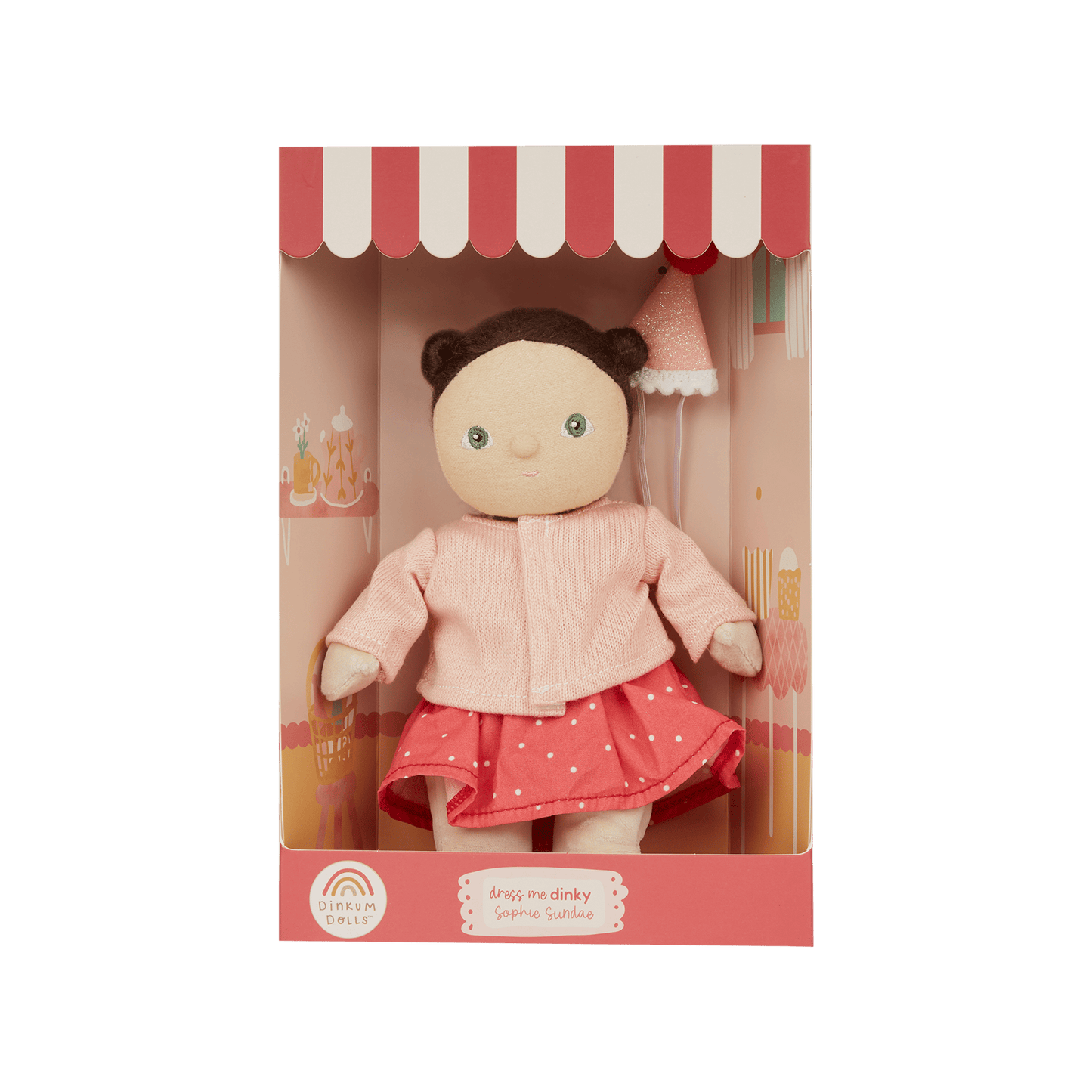 Doll in a pink outfit with a red and white striped canopy in a clear box on a white background