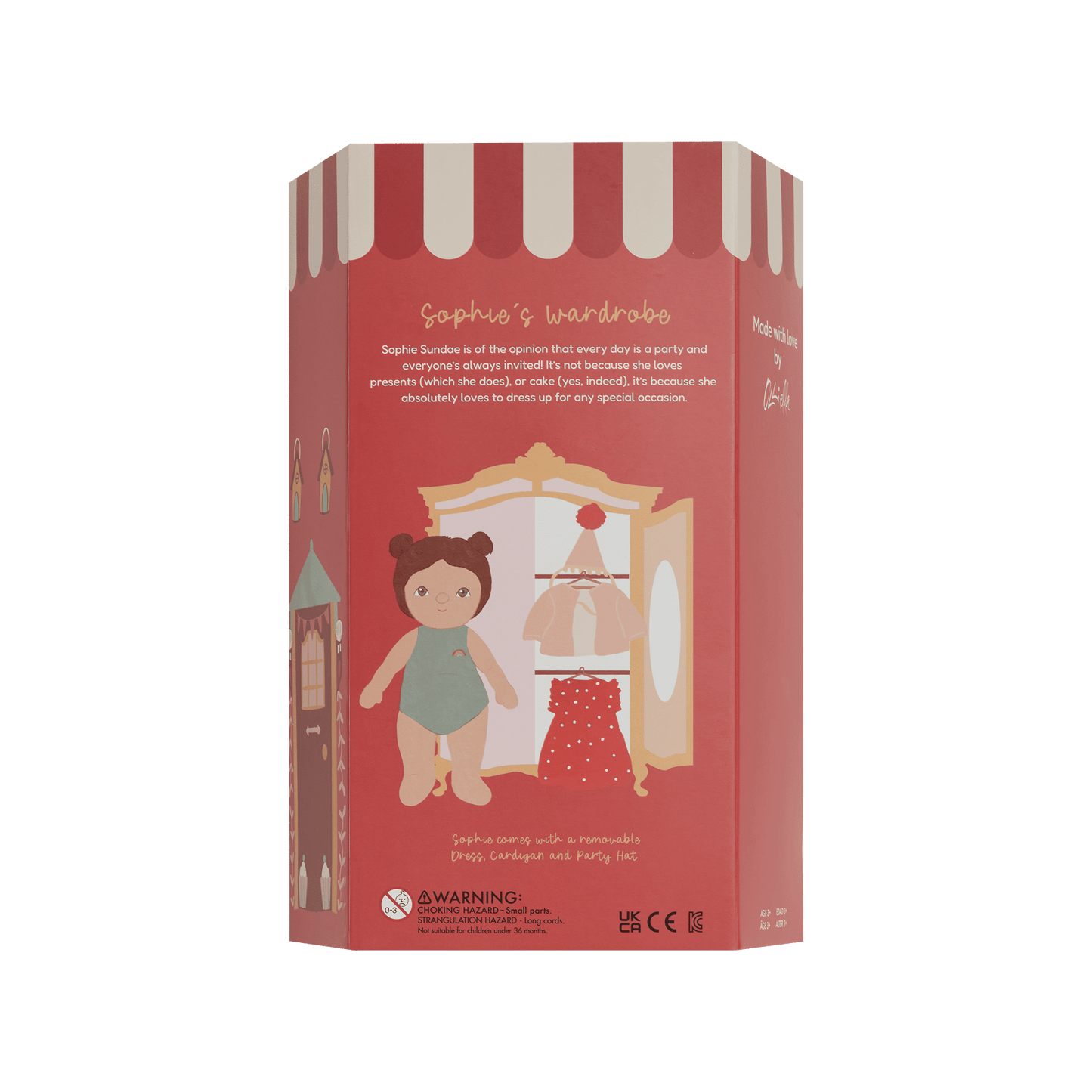 Product packaging for a doll with a red and white striped design on a white background