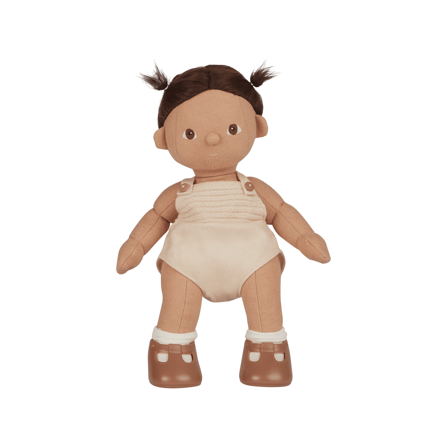 Plush toy doll with brown hair, beige romper, and brown shoes on a transparent background