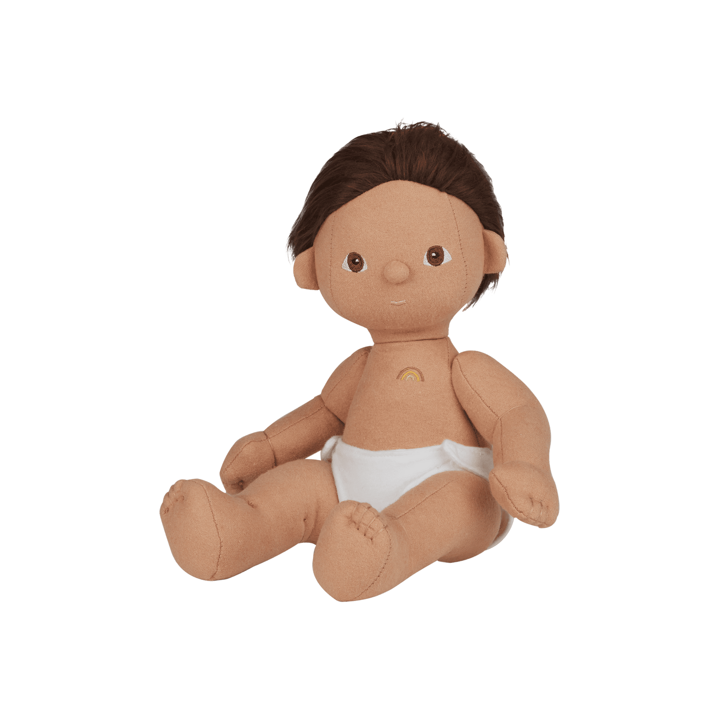 Plush baby doll with brown hair and diaper on a transparent background