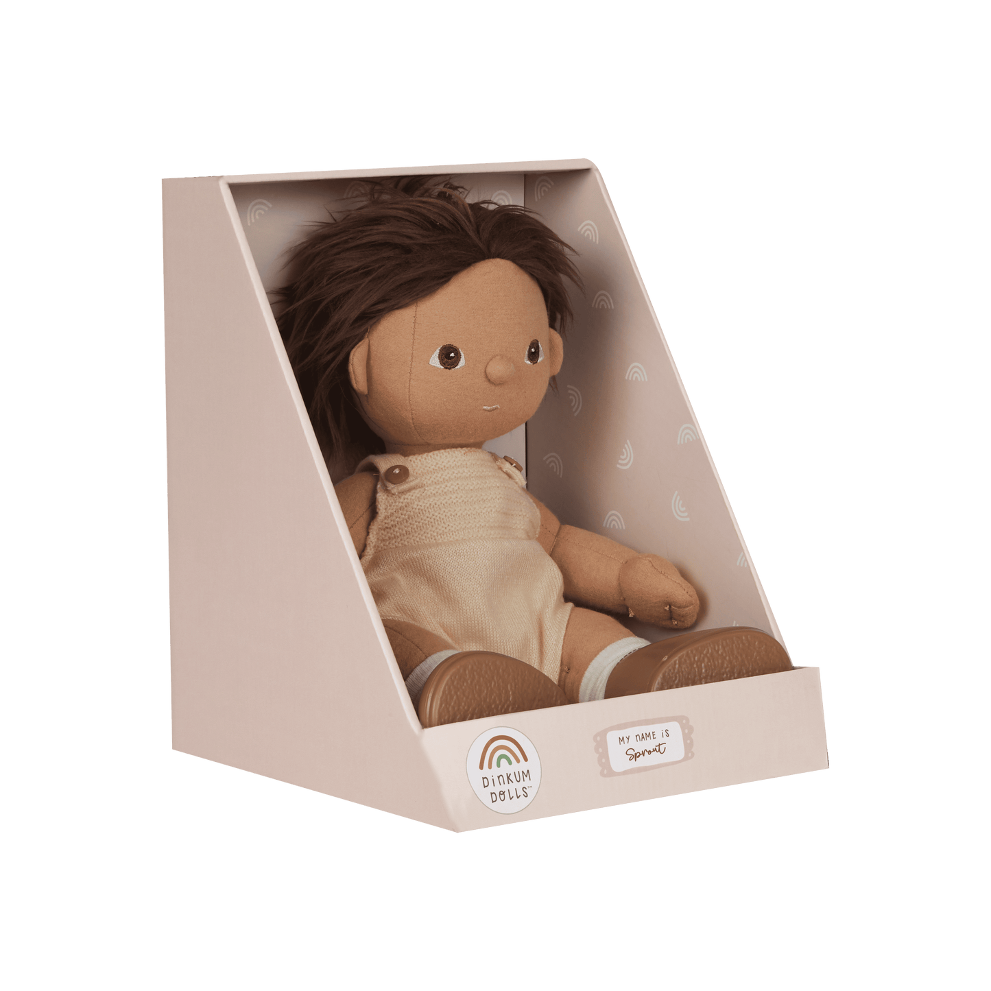 Stuffed toy in a beige box with a green background
