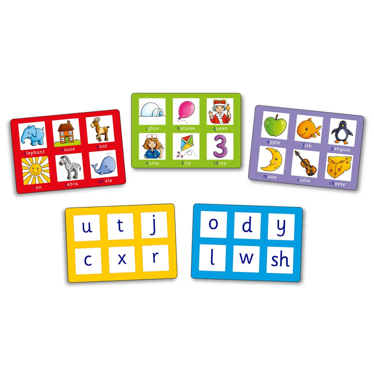 Set of colorful educational flashcards with pictures and letters on a white background