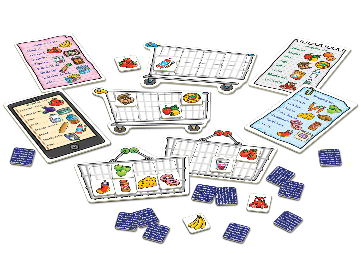 Educational game set with shopping carts, items, and tablets on a white background