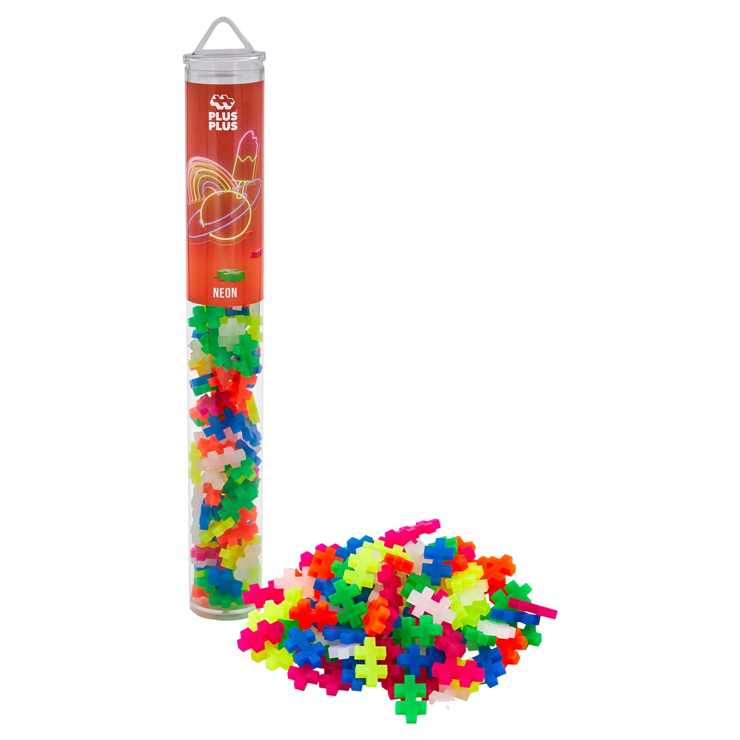 A tube with the Plus-Plus brand visible at the top, filled with colorful construction blocks spilled out next to it.