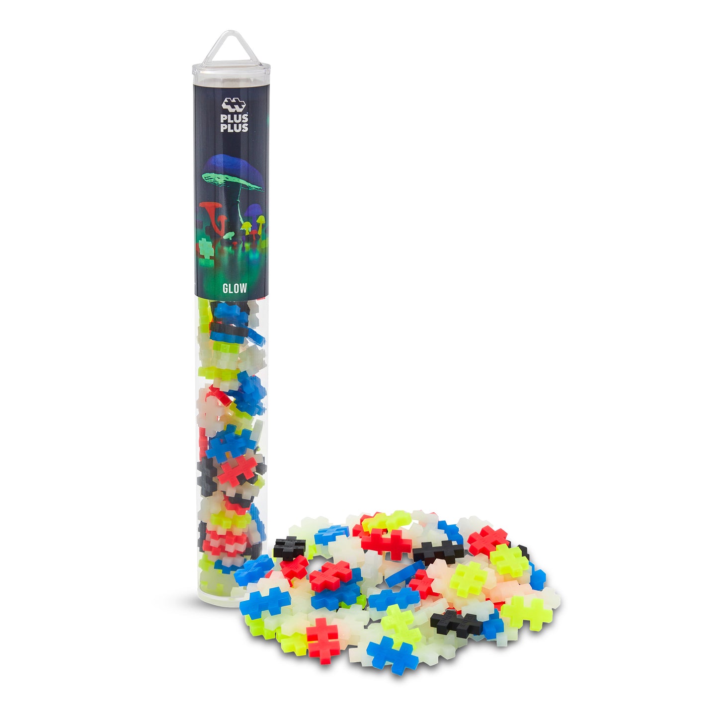 A tube with the Plus-Plus brand visible at the top, filled with colorful construction blocks spilled out next to it.