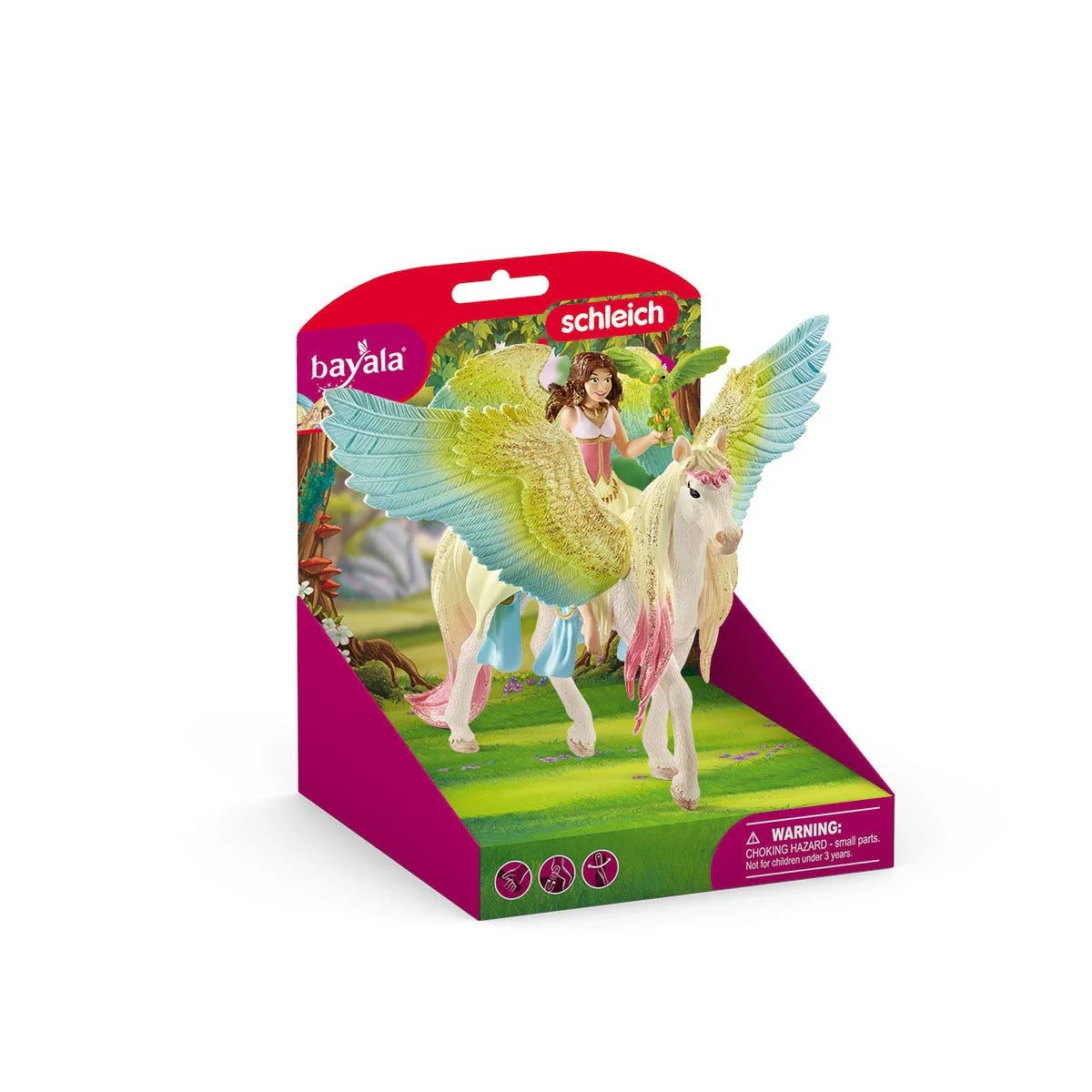 Schleich toy figure packaging with a unicorn and fairy on a grassy field
