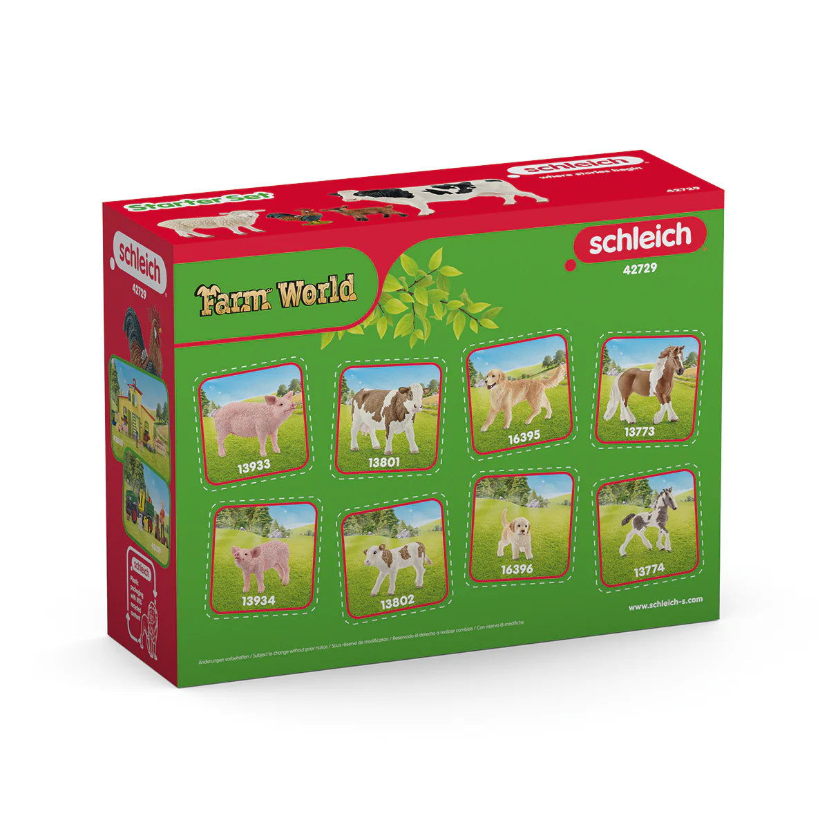 Schleich Farm World toy set packaging with images of animals on a white background