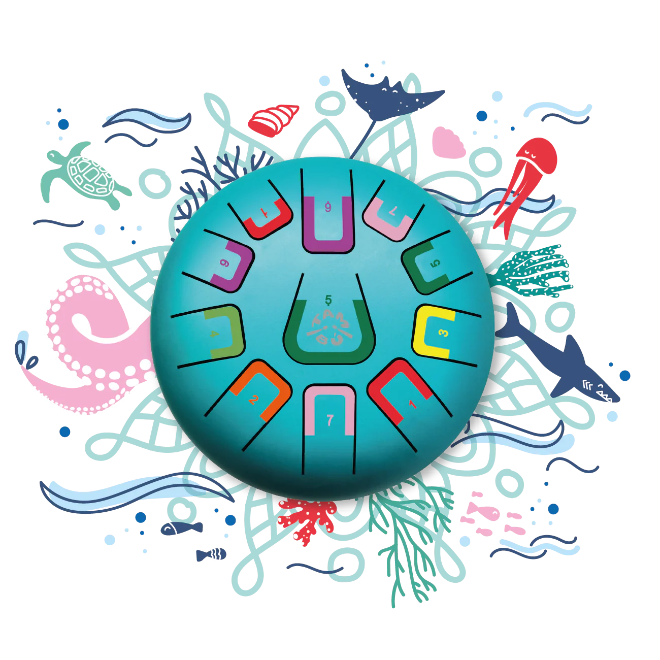 Colorful underwater-themed design with sea creatures and a circular pattern on a white background