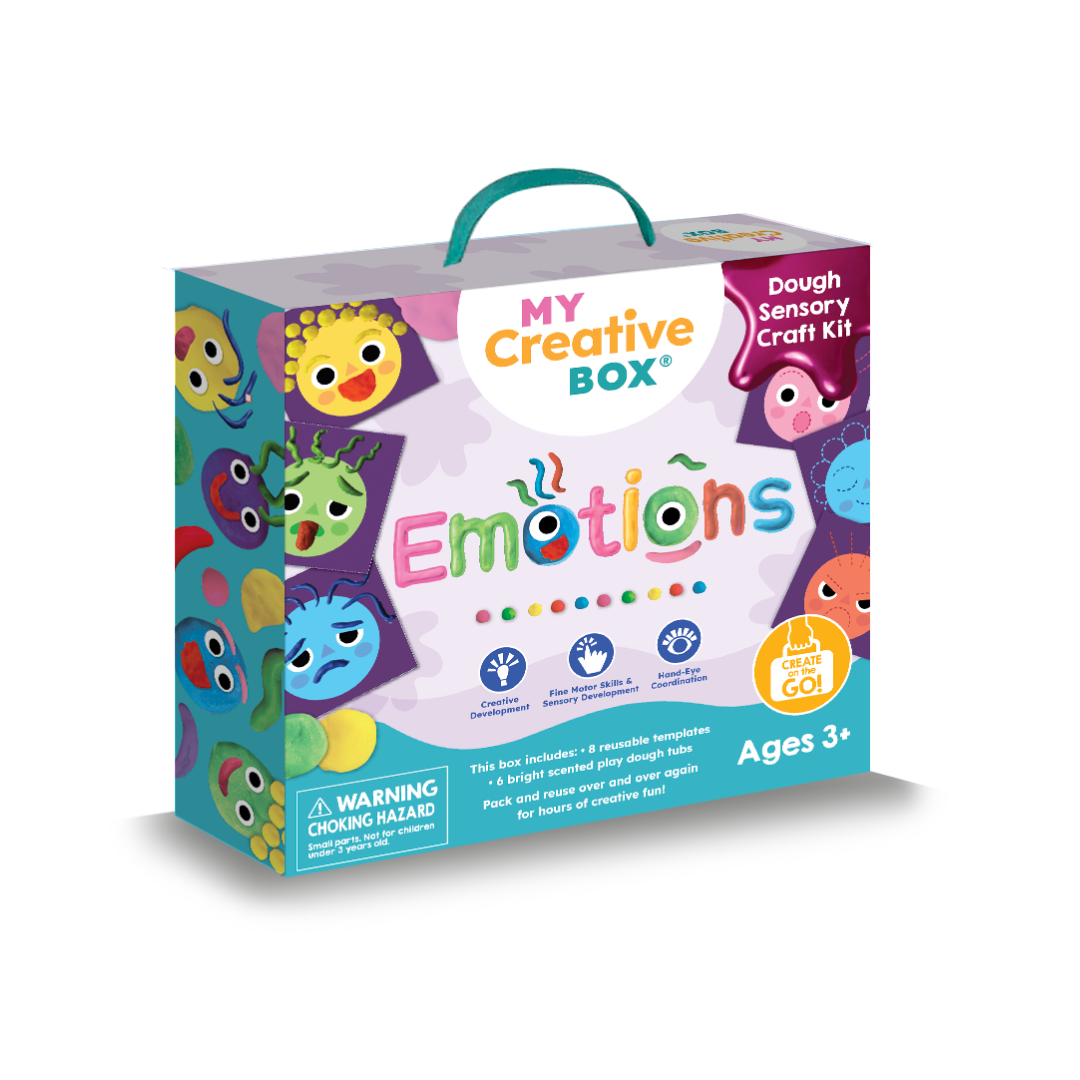 A colorful box labeled 'My Creative Box - Emotions' featuring various playful emotional characters and text indicating it's a dough sensory craft kit for ages 3+ with 6 tubs of colored dough.