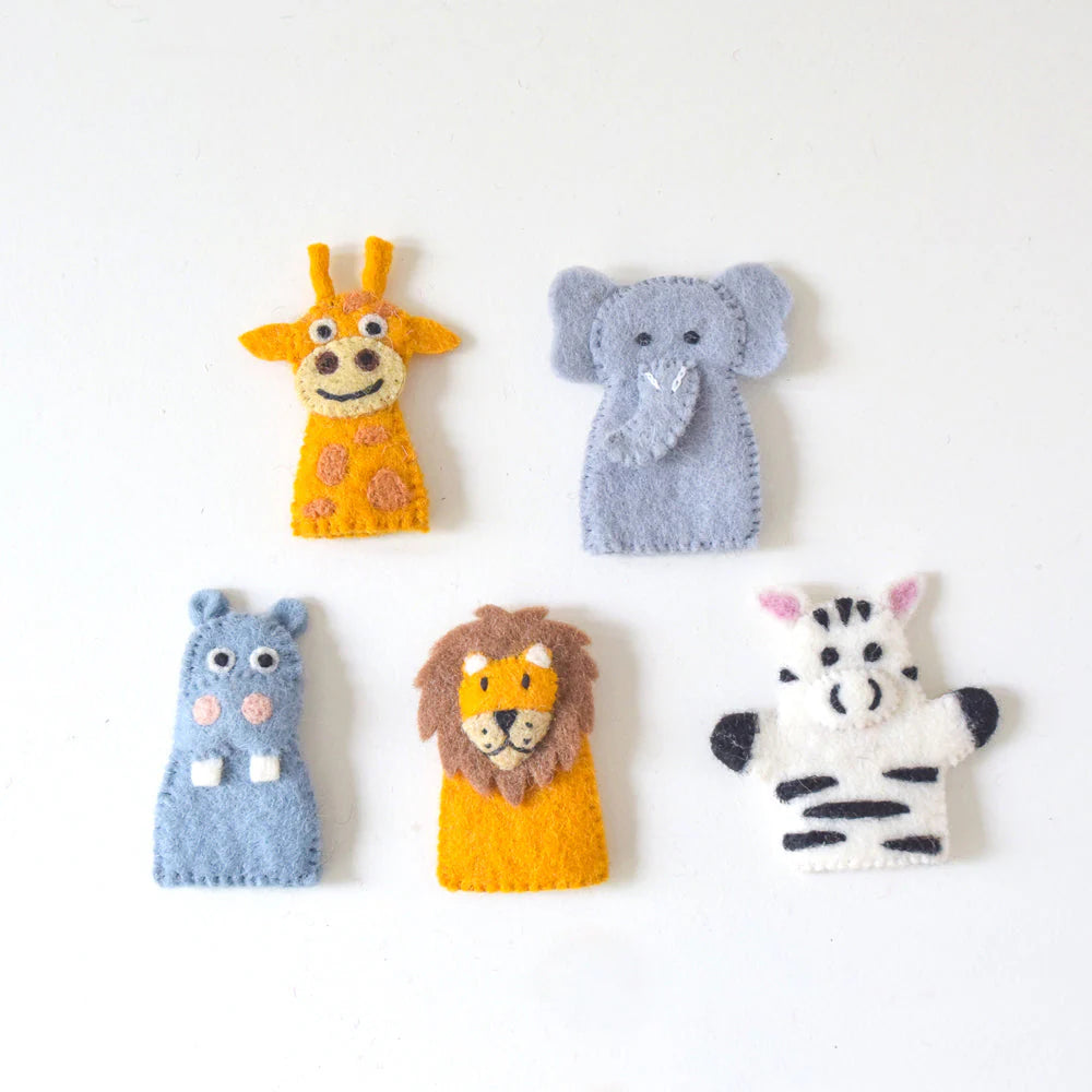 Set of colorful animal finger puppets on a white background