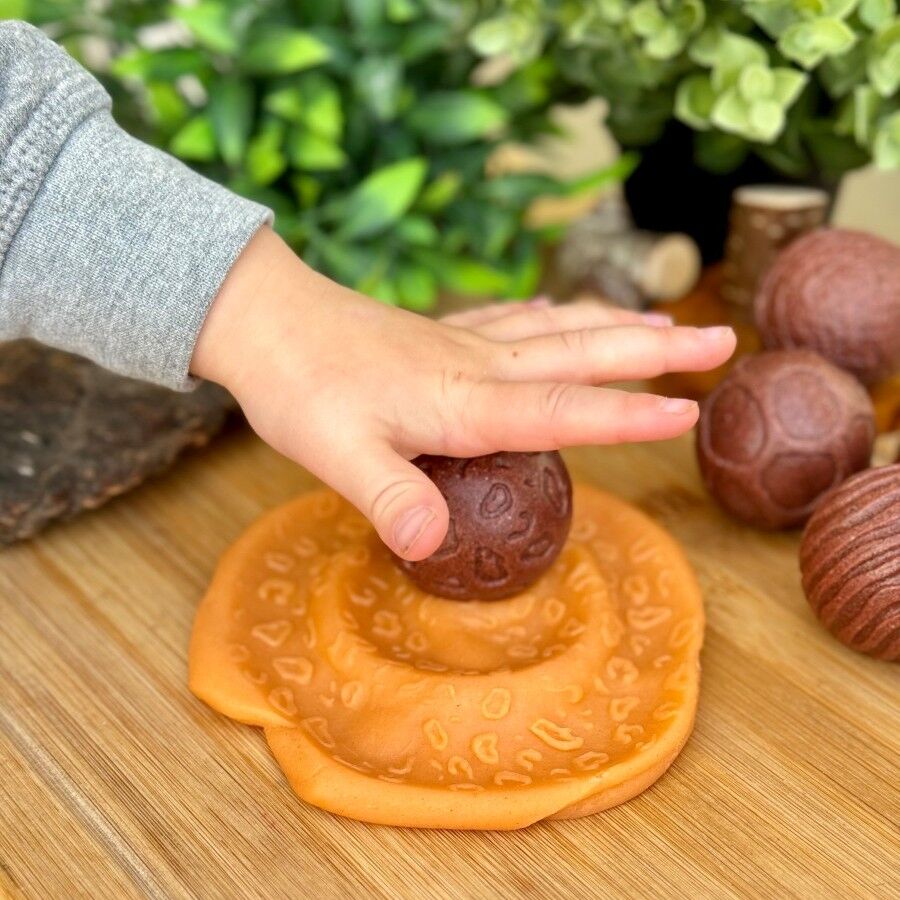 Hand interacting with stones on a wooden surface with greenery in the background