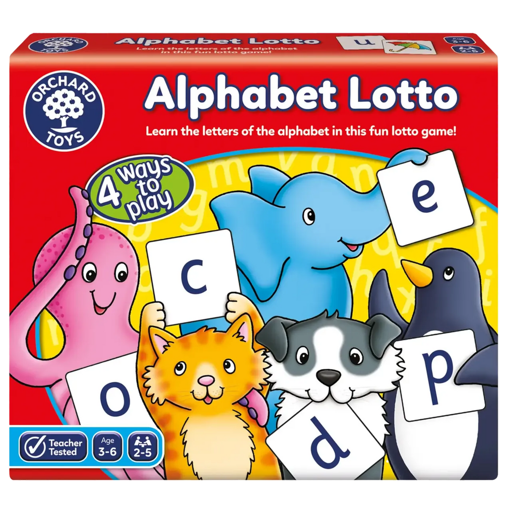 Packaging for Orchard Game - Alphabet Lotto featuring colorful illustrations of animals and objects, along with letter cards and lotto boards visible.