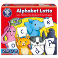 Packaging for Orchard Game - Alphabet Lotto featuring colorful illustrations of animals and objects, along with letter cards and lotto boards visible.