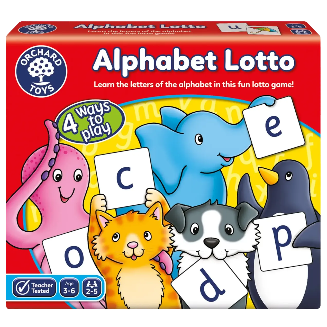 Packaging for Orchard Game - Alphabet Lotto featuring colorful illustrations of animals and objects, along with letter cards and lotto boards visible.