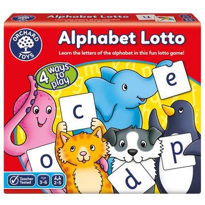 Packaging for Orchard Game - Alphabet Lotto featuring colorful illustrations of animals and objects, along with letter cards and lotto boards visible.