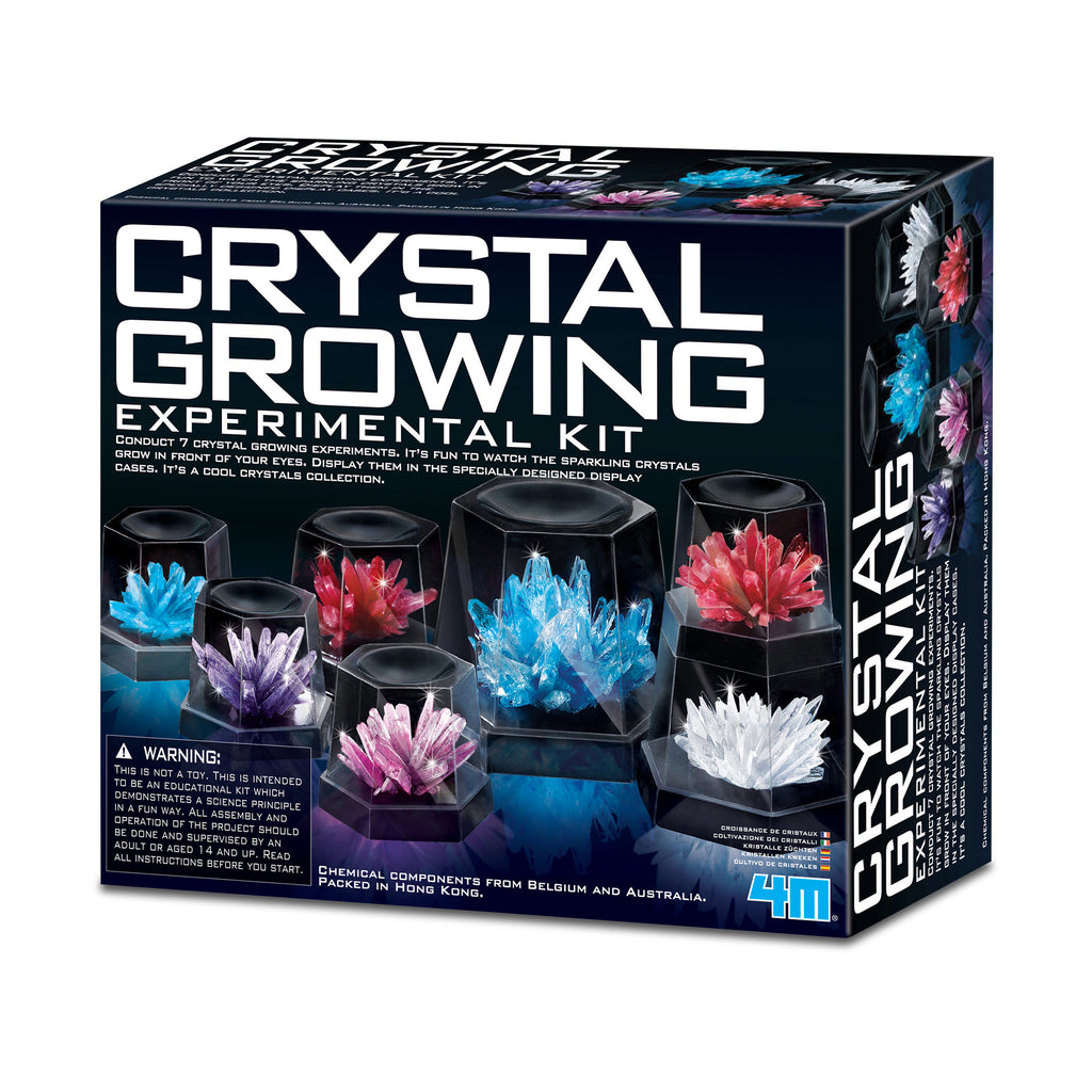 A Crystal Growing Kit box featuring images of crystals in various stages of growth, with the kit's contents displayed on the front.