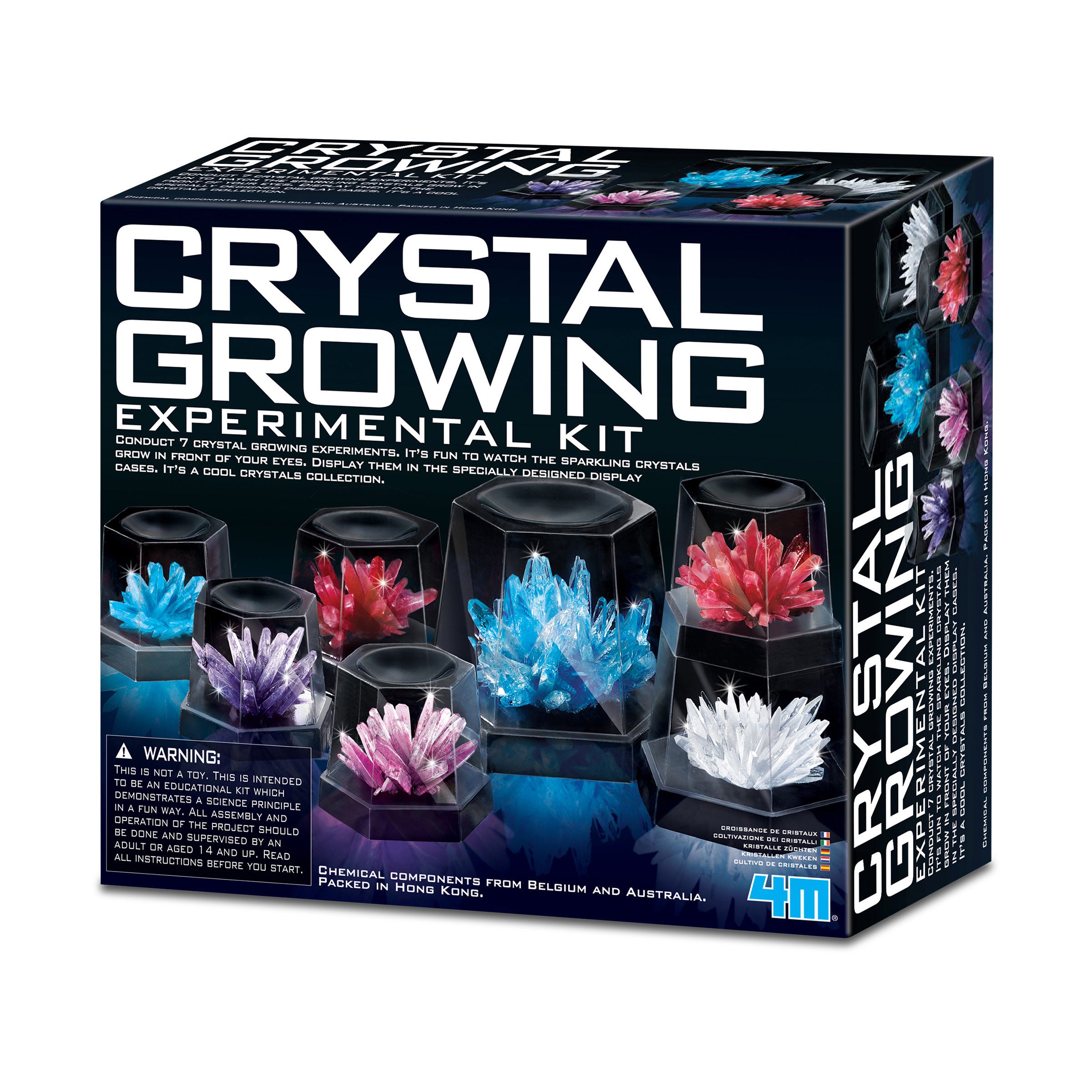 A Crystal Growing Kit box featuring images of crystals in various stages of growth, with the kit's contents displayed on the front.