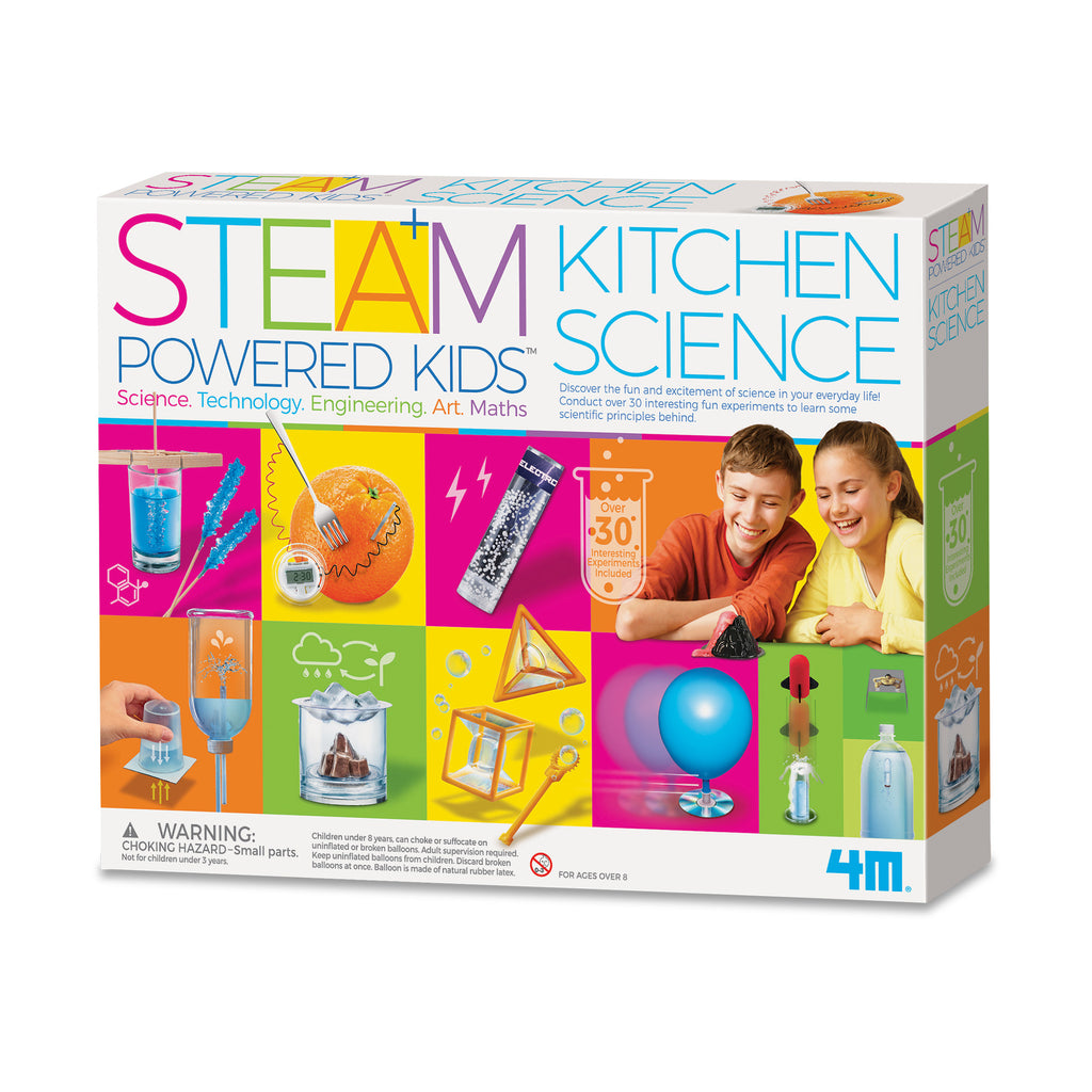 A product image for 'STEAM Powered Kids - Kitchen Science', featuring the kit's name and images of children engaging with scientific experiments, such as a balloon experiment, a CD hovercraft, and a liquid volcano model. The box is colorful and includes the 4M logo.