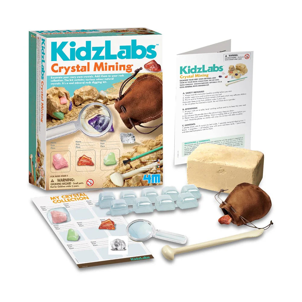 Kidzlabs Crystal Mining kit with packaging, crystal samples, and tools on a white background